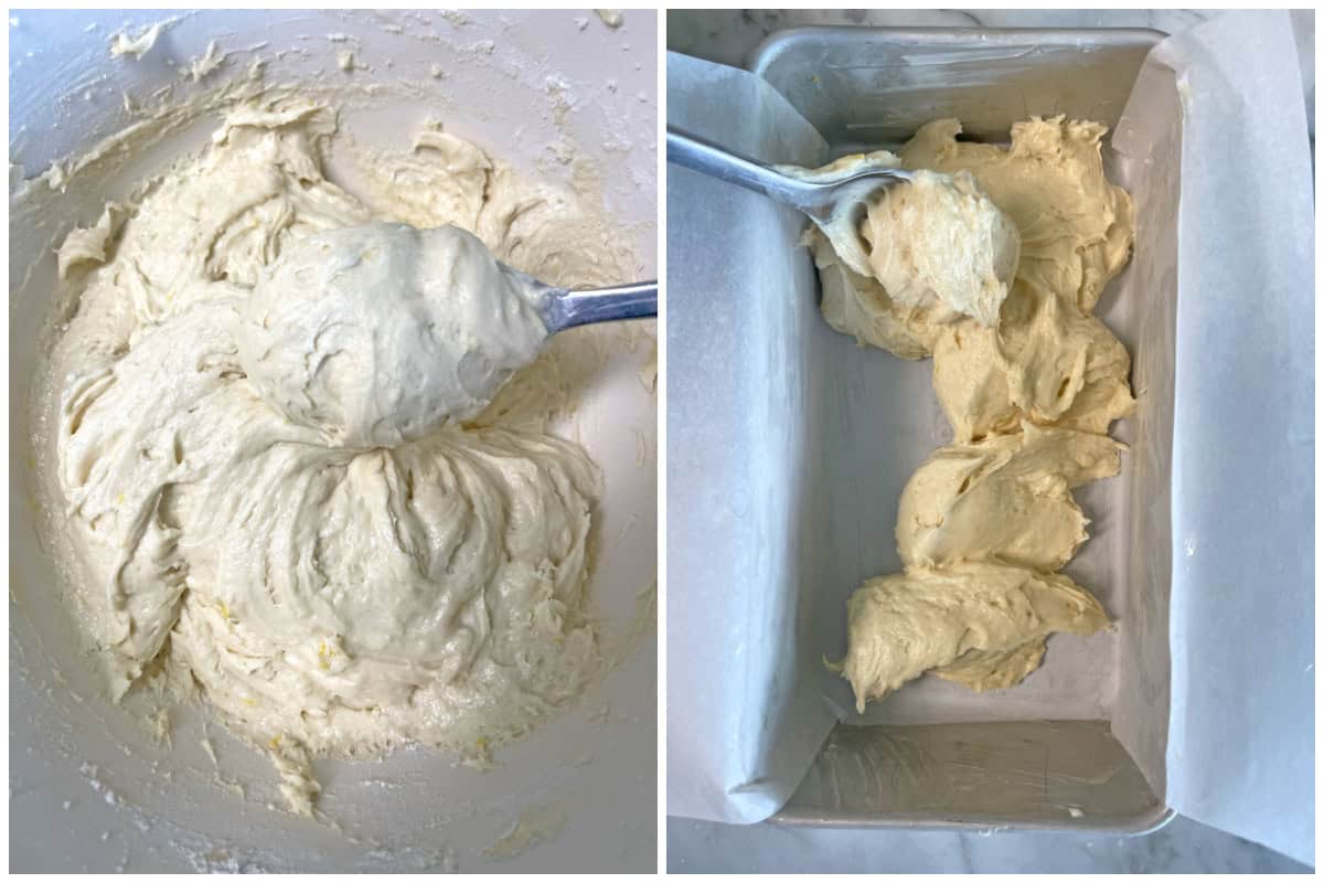 scooping batter into cake pan