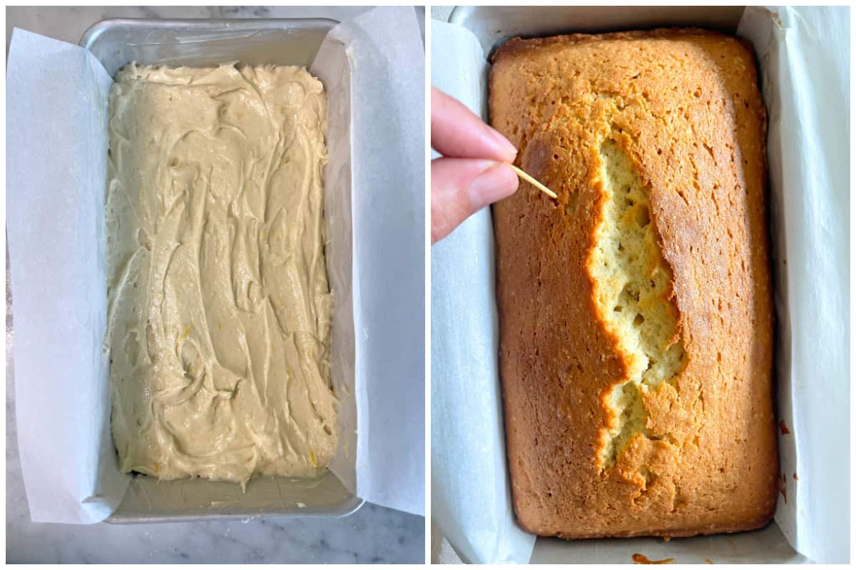 baking the cake and piercing holes with a toothpick