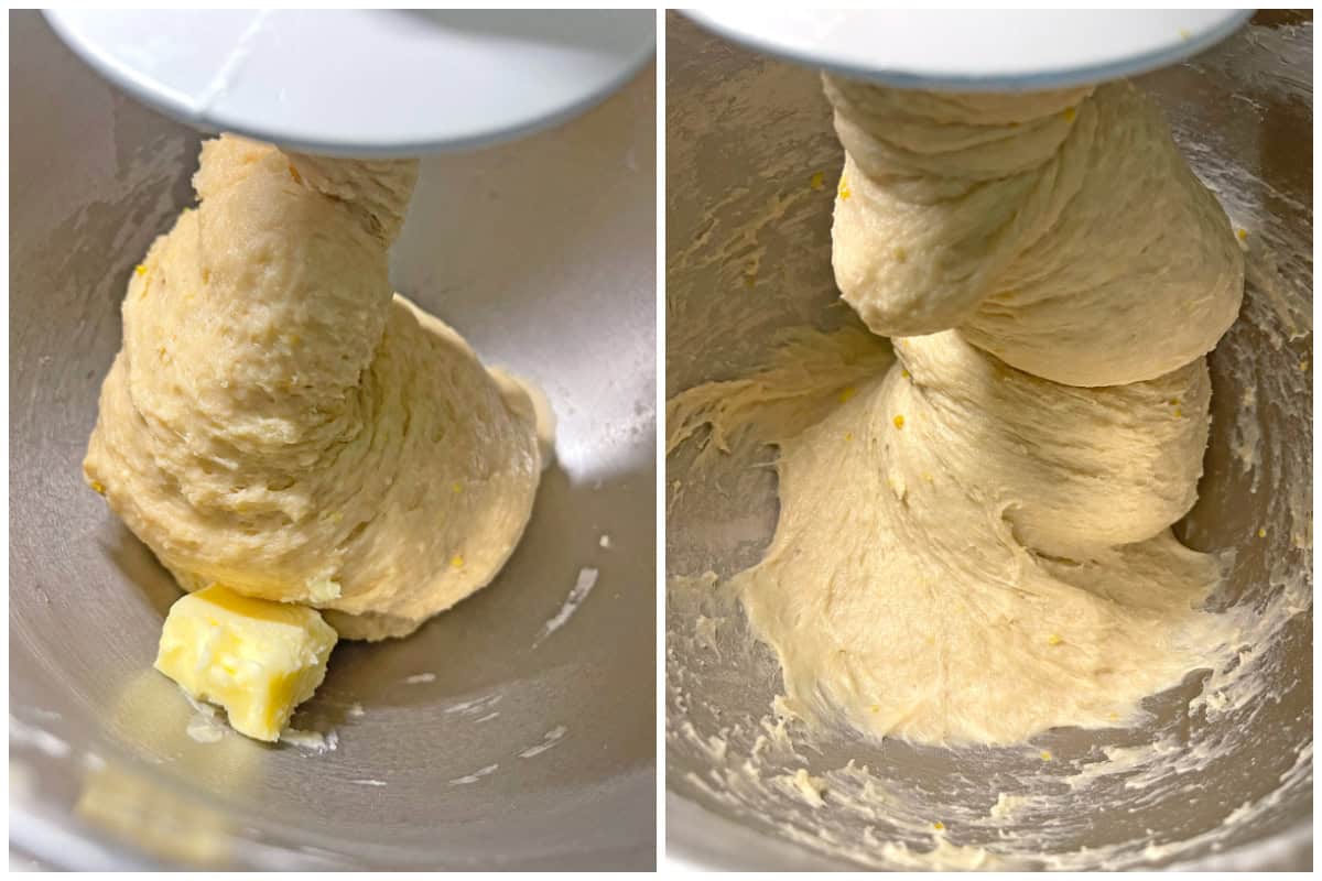 adding butter to the dough