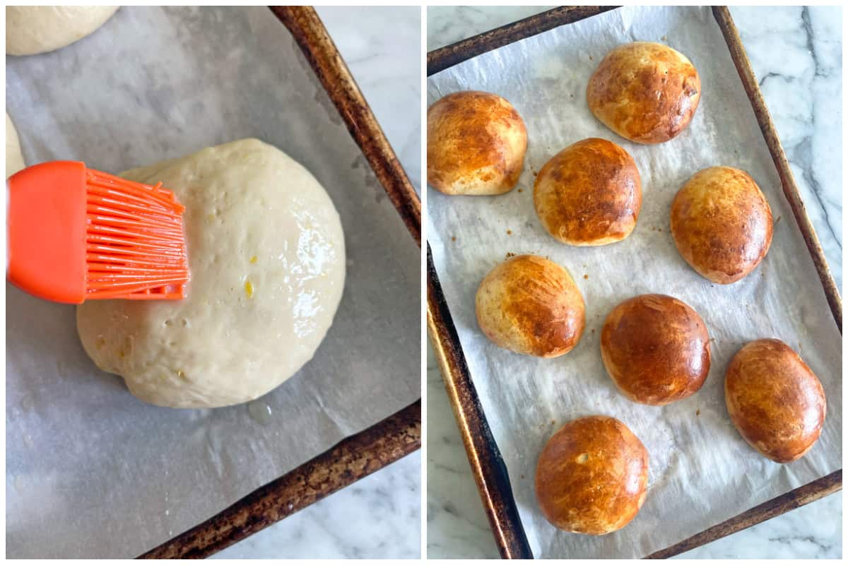 brushing the dough with egg wash and baking