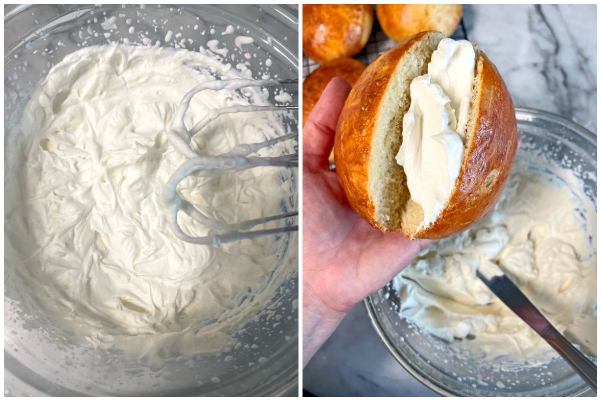 filling the maritozzi with whipped cream