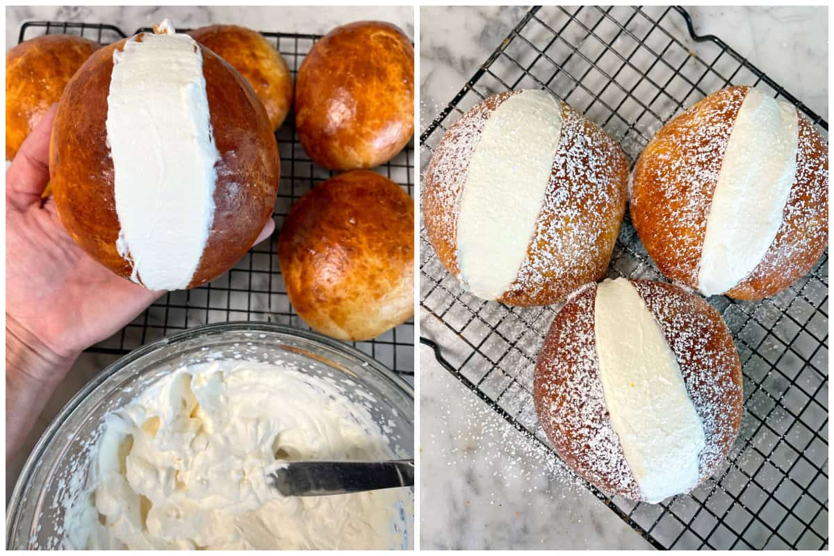 dusting the maritozzi with powdered sugar