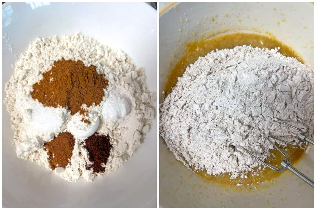 combining dry ingredients and adding them to wet ingredients