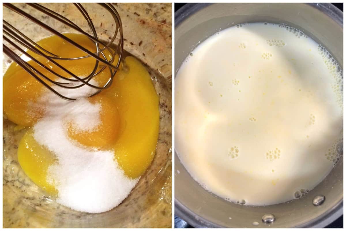 combining eggs and sugar and heating milk