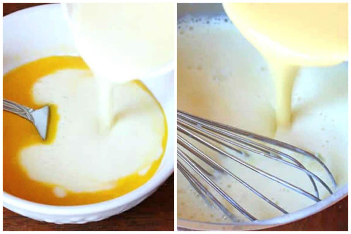 pouring hot milk into egg mixture and heating in saucepan
