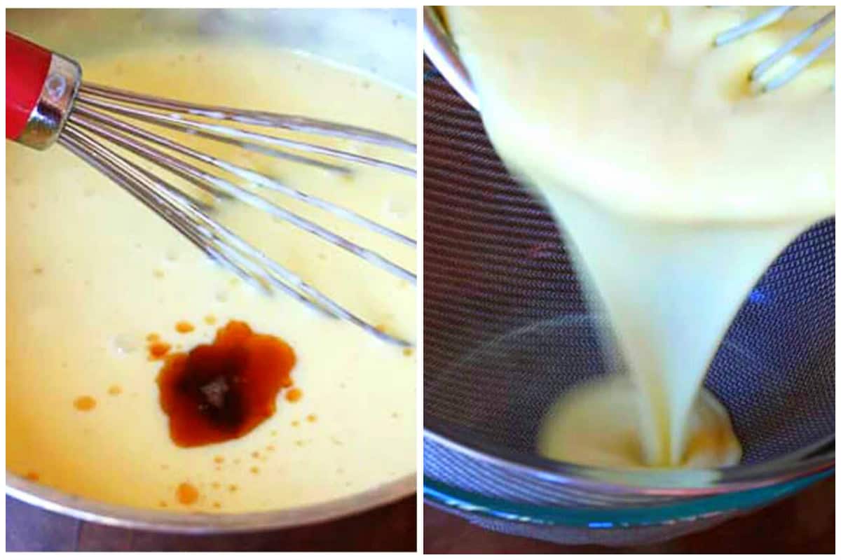 adding vanilla and straining the custard