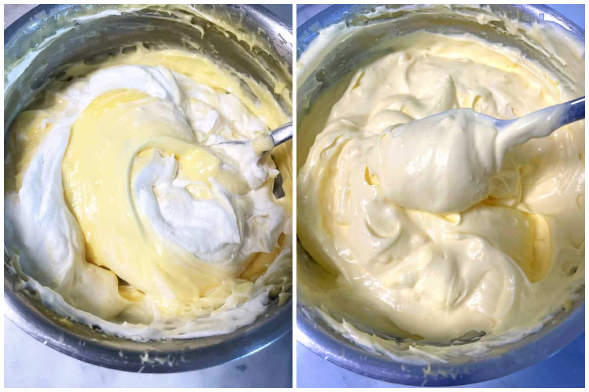 folding the whipped cream into the custard bavarian cream recipe