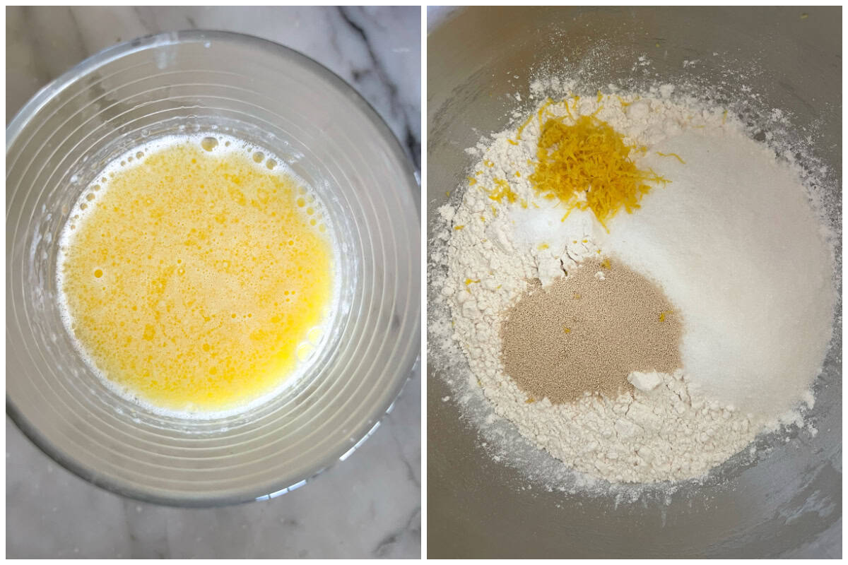 melting the butter in the scaled milk and combining the dry ingredients in mixer bowl