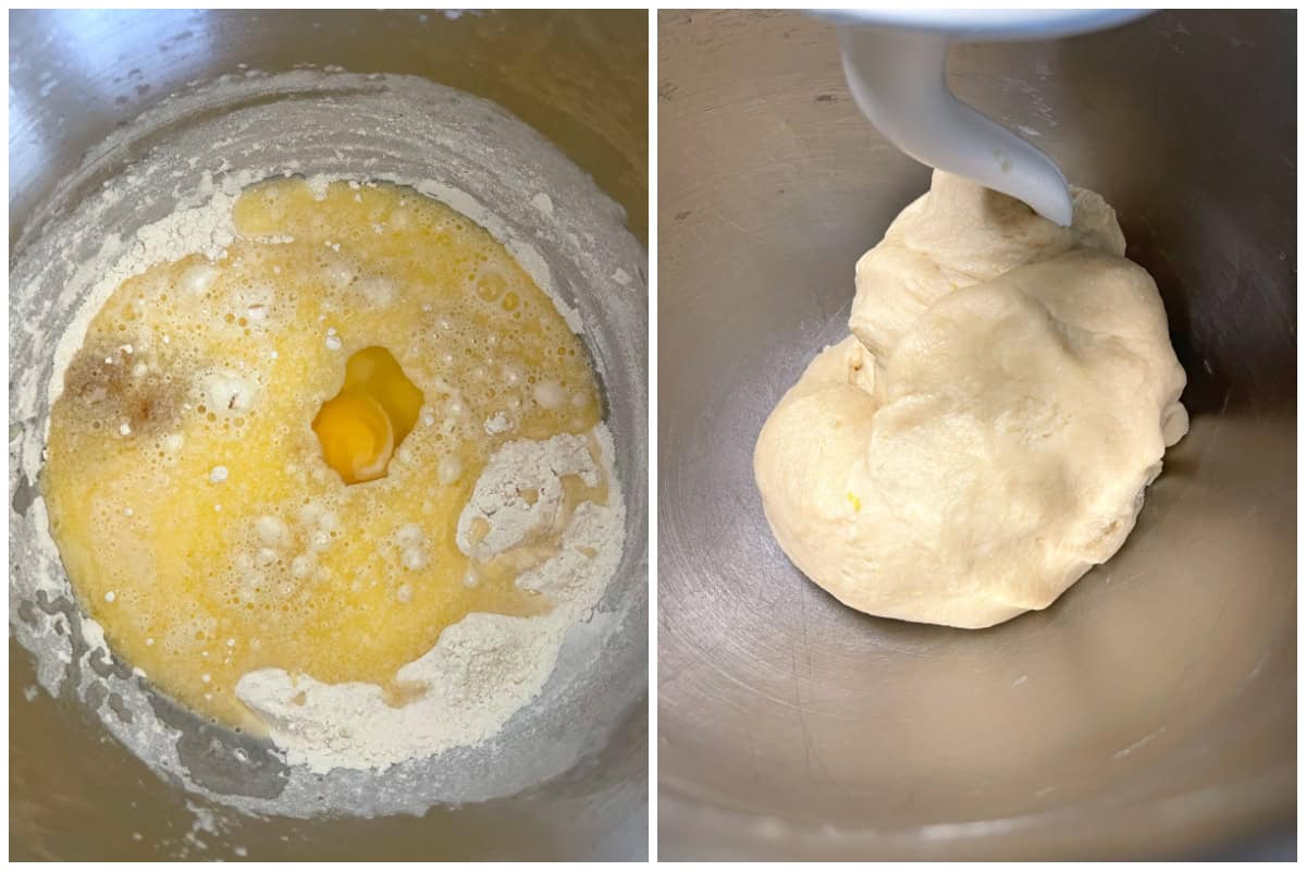 combining the wet and dry ingredients and kneading the dough