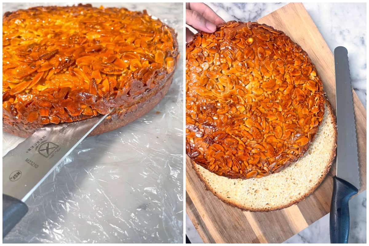 slicing the cake in half to make two layers