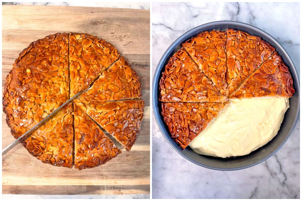 pre-slicing the top of the cake and laying it on top of the vanilla custard layer how to make authentic bienenstich recipe traditional german bee sting cake