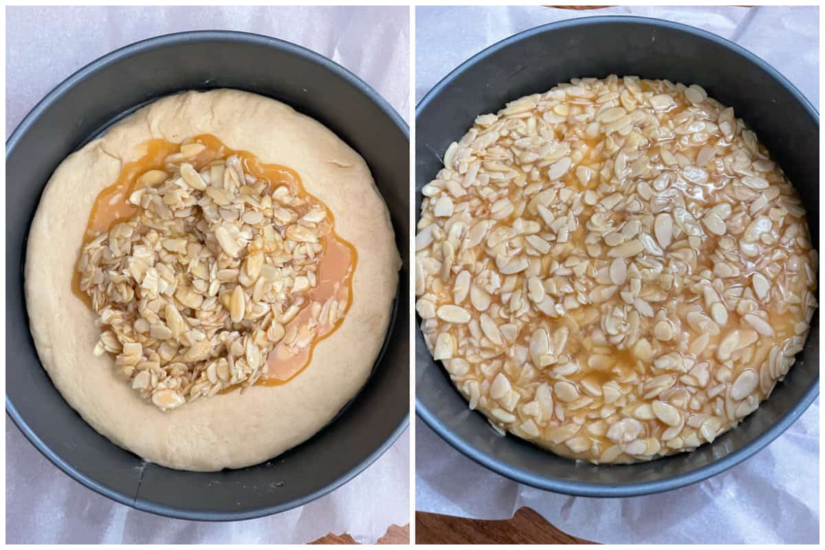 spreading the honey almond mixture on the cake dough how to make bienenstich recipe